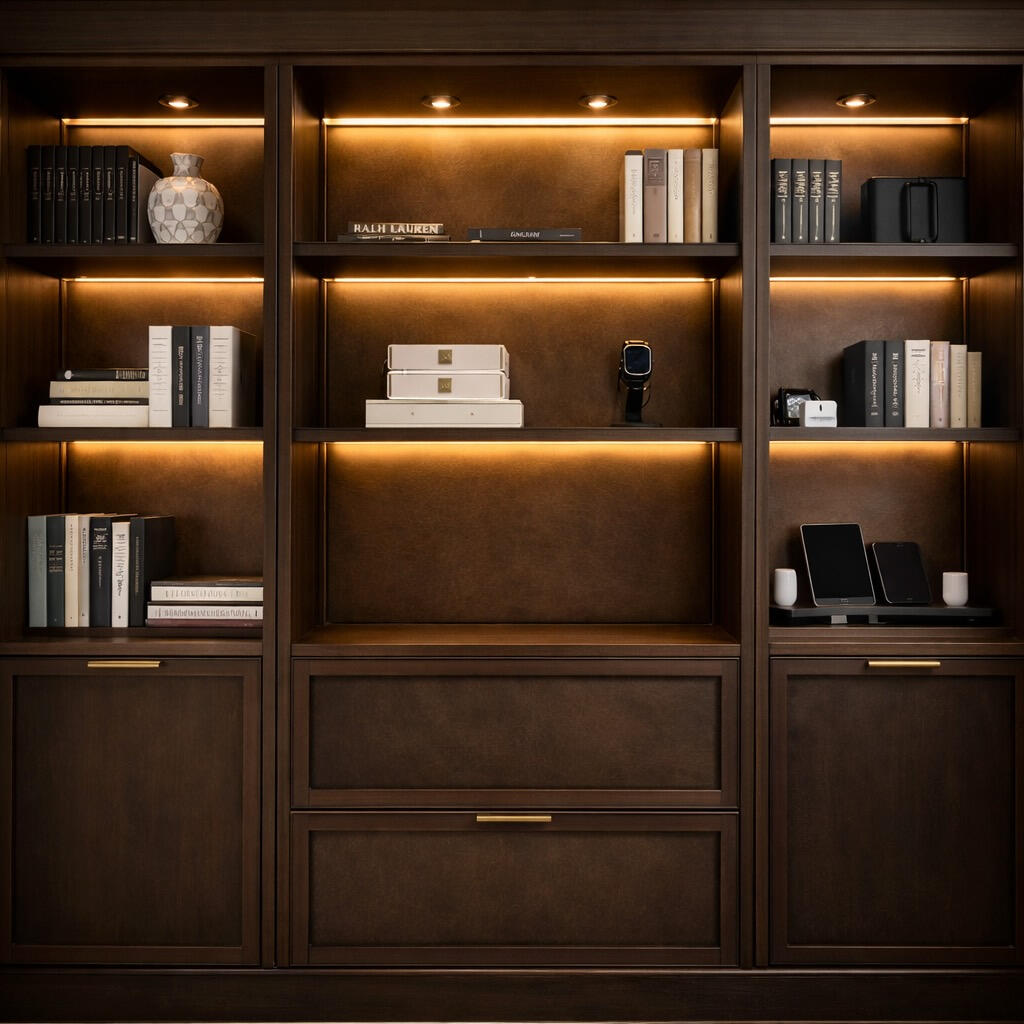 Custom built in library wall with dark wood cabinetry, leather panels and integrated LED lighting in executive home office