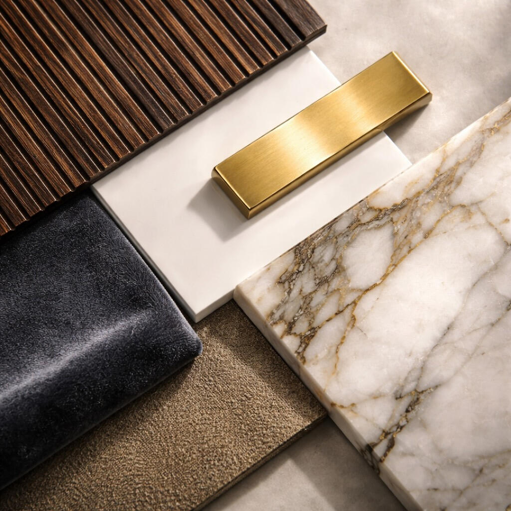 Close up of luxury material samples including walnut slats, white lacquer, brass hardware, marble and velvet textures